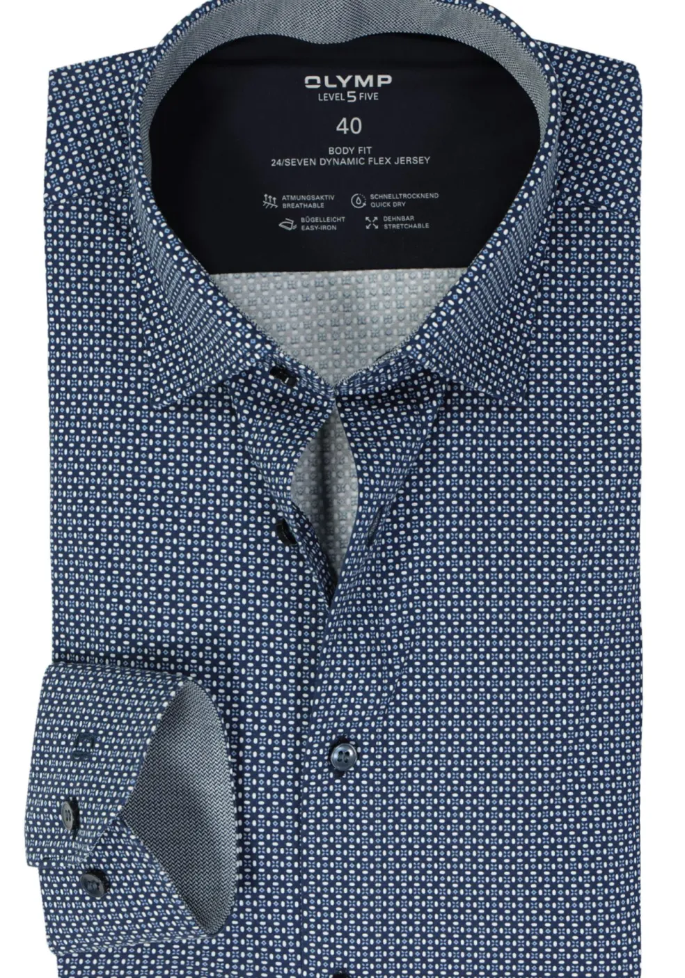 OLYMP 24/7 Level 5 body fit overhemd, mouwlengte 7, tricot, marine blauw dessin