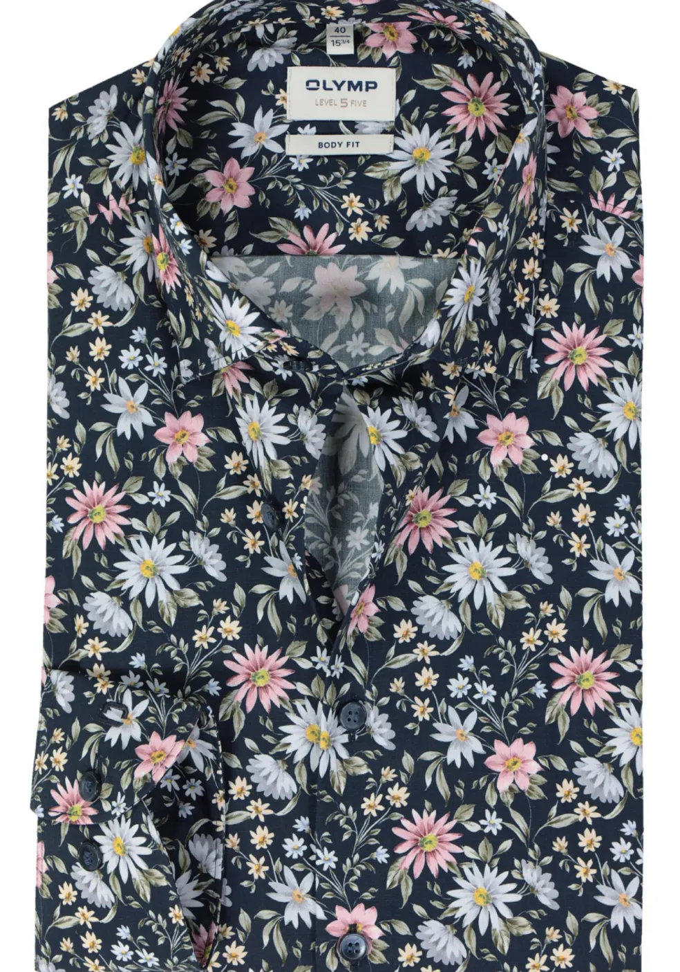 OLYMP Level 5 body fit overhemd, mouwlengte 7, popeline, marine blauw dessin