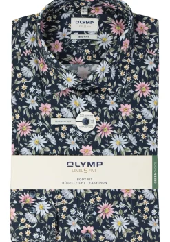 OLYMP Level 5 body fit overhemd, mouwlengte 7, popeline, marine blauw dessin
