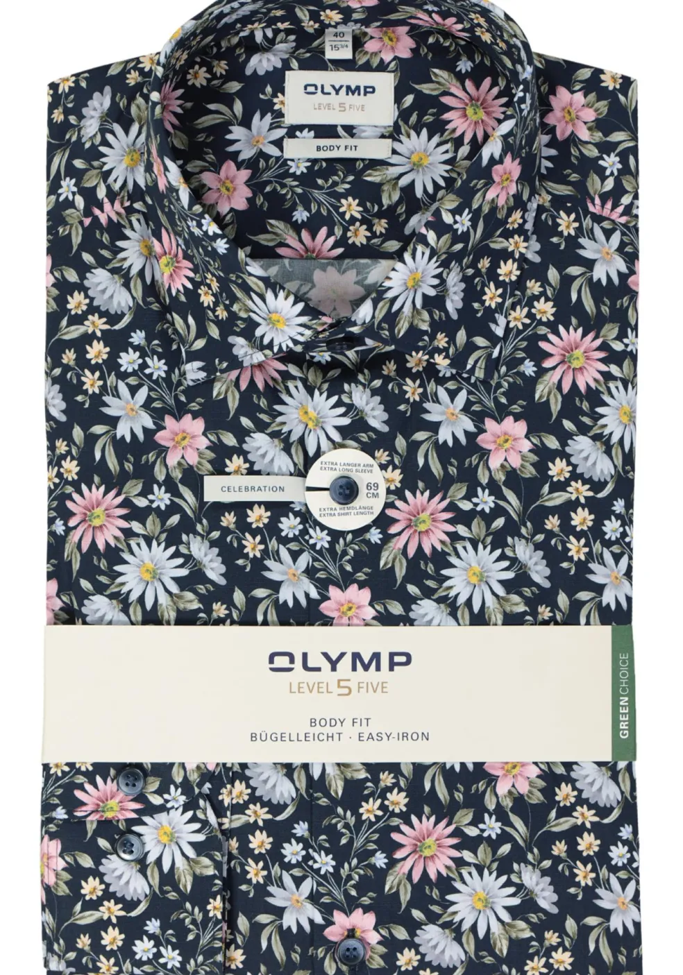 OLYMP Level 5 body fit overhemd, mouwlengte 7, popeline, marine blauw dessin