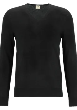 OLYMP Level 5 body fit trui wol met zijde, V-hals, zwart