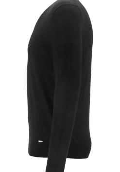 OLYMP Level 5 body fit trui wol met zijde, V-hals, zwart