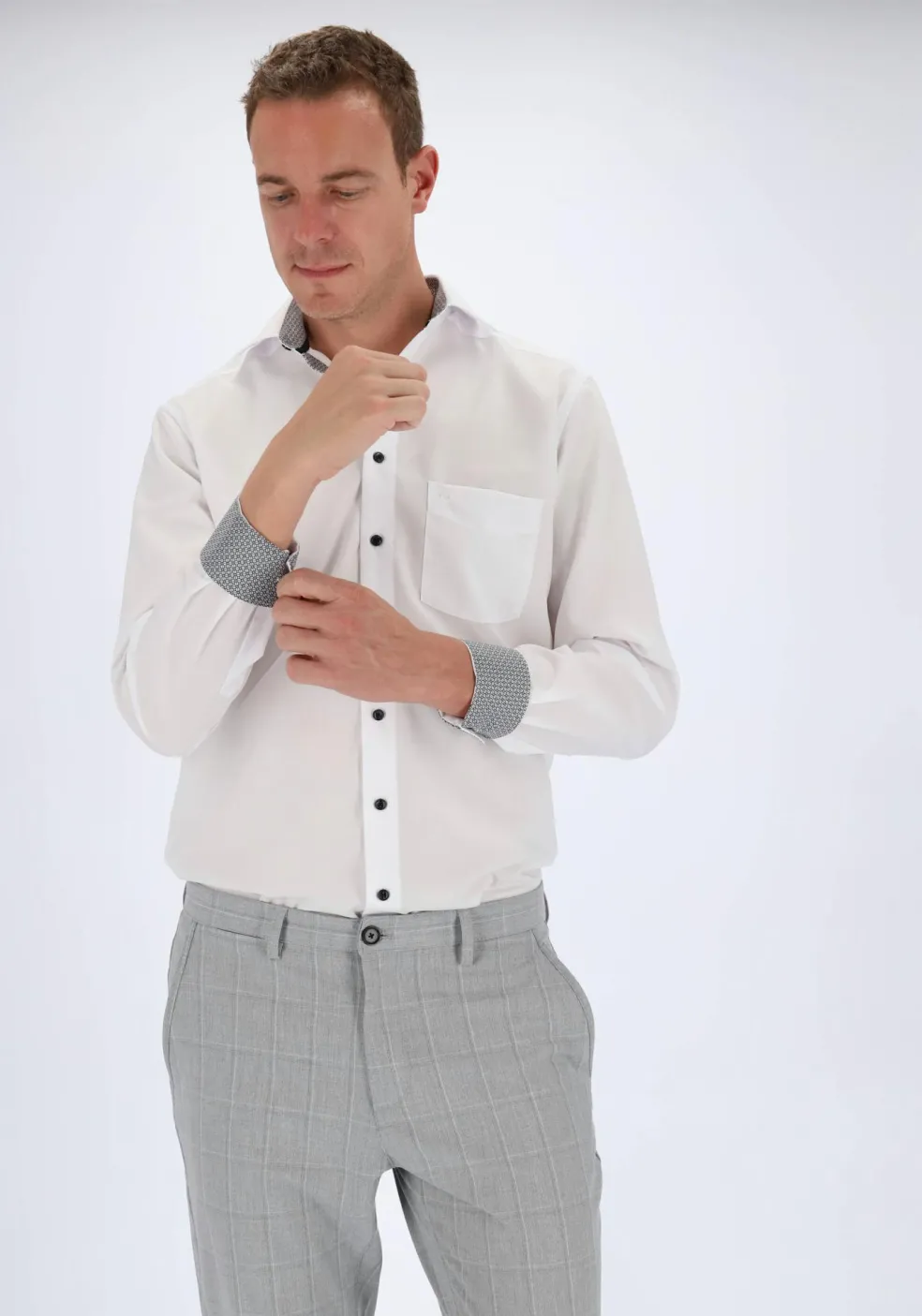 OLYMP Luxor modern fit overhemd, mouwlengte 7, wit (zwart contrast)