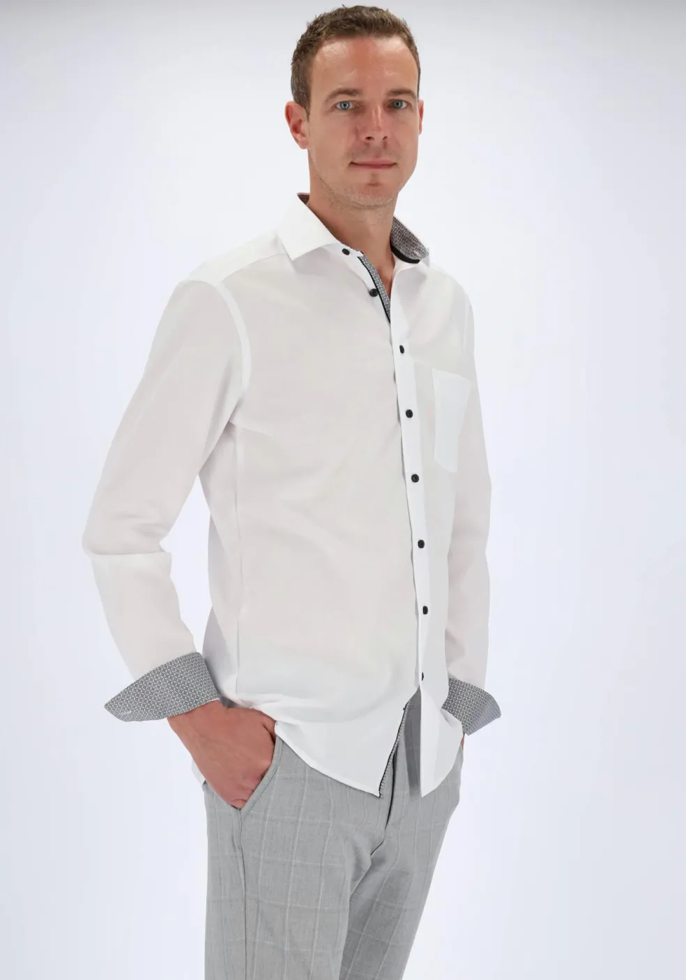 OLYMP Luxor modern fit overhemd, mouwlengte 7, wit (zwart contrast)