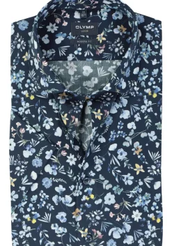 OLYMP modern fit overhemd, korte mouw, popeline, marine blauw dessin