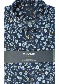 OLYMP modern fit overhemd, korte mouw, popeline, marine blauw dessin