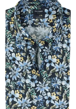 OLYMP modern fit overhemd, korte mouw, popeline, donkerblauw met groen, geel en lichtblauw bloemen dessin