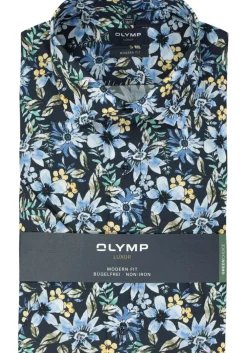 OLYMP modern fit overhemd, korte mouw, popeline, donkerblauw met groen, geel en lichtblauw bloemen dessin