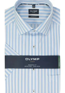 OLYMP modern fit overhemd, korte mouw, popeline, lichtblauw gestreept