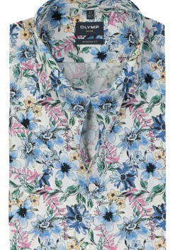 OLYMP modern fit overhemd, korte mouw, popeline, wit met blauw, groen en roze bloemen dessin