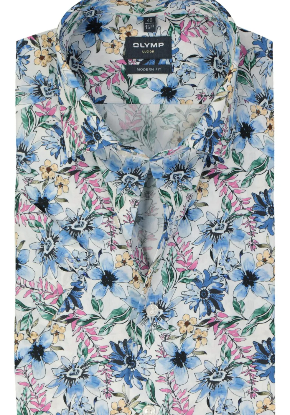 OLYMP modern fit overhemd, korte mouw, popeline, wit met blauw, groen en roze bloemen dessin