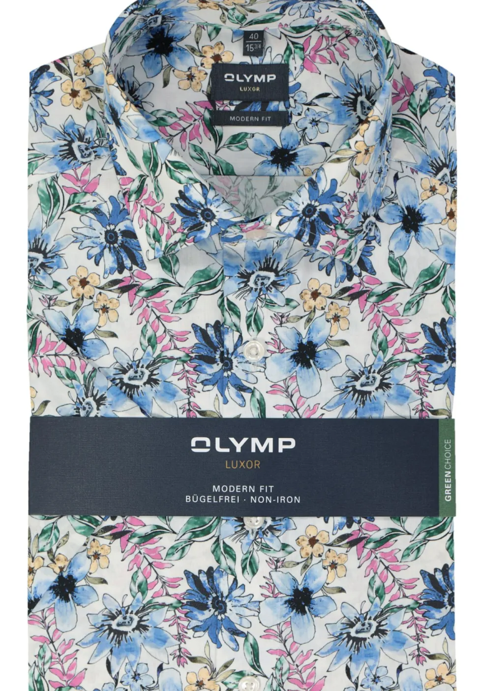 OLYMP modern fit overhemd, korte mouw, popeline, wit met blauw, groen en roze bloemen dessin