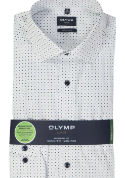 OLYMP modern fit overhemd, mouwlengte 7, popeline, wit met licht- en donkerblauw dessin