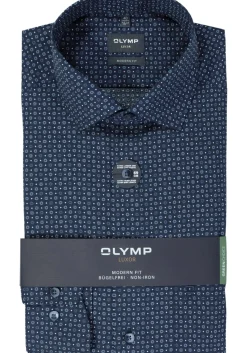 OLYMP modern fit overhemd, mouwlengte 7, popeline, marine blauw dessin