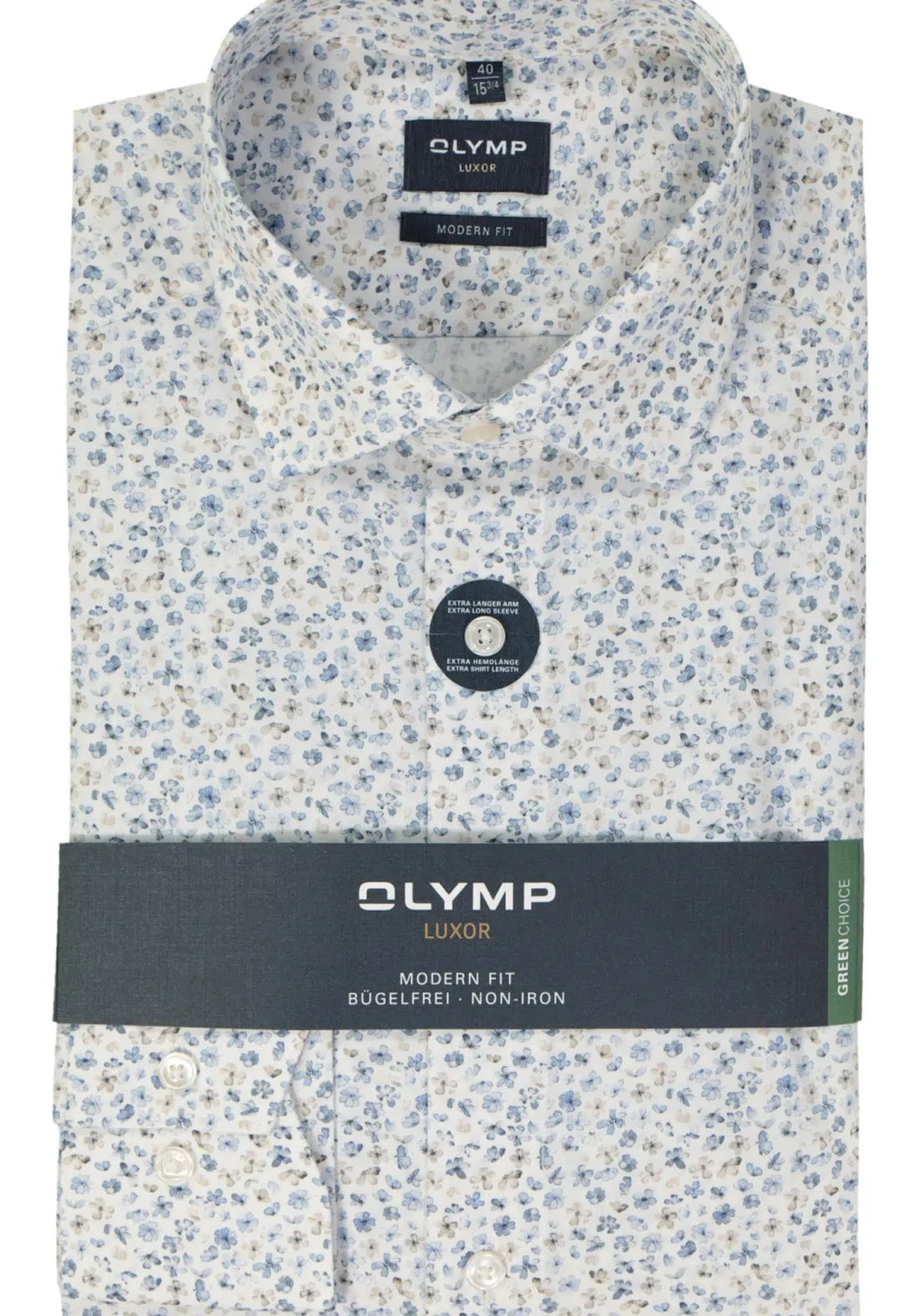 OLYMP modern fit overhemd, mouwlengte 7, popeline, wit met lichtblauw bloemetjes dessin