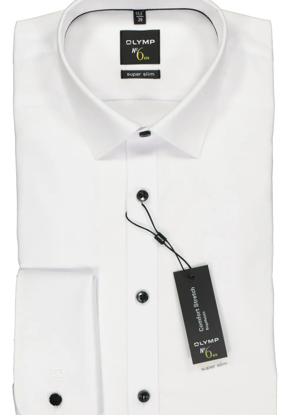 OLYMP No. Six super slim fit overhemd, dubbele manchet, wit met zwarte knoopjes