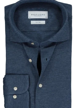 Profuomo slim fit jersey overhemd, knitted shirt pique, jeansblauw melange