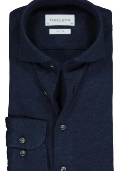 Profuomo slim fit jersey overhemd, knitted shirt pique, navy melange