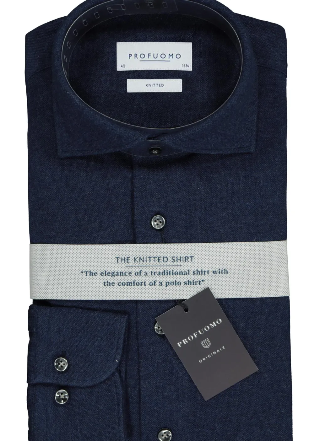Profuomo slim fit jersey overhemd, knitted shirt pique, navy melange
