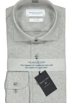 Profuomo slim fit jersey overhemd, knitted shirt pique, grijs melange