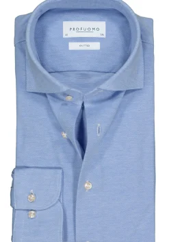 Profuomo slim fit jersey overhemd, knitted shirt pique, lichtblauw melange