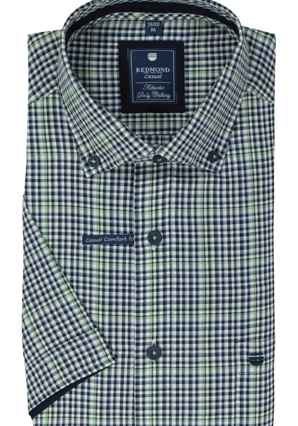 Redmond comfort fit overhemd, korte mouw, Oxford, blauw wit en groen geruit