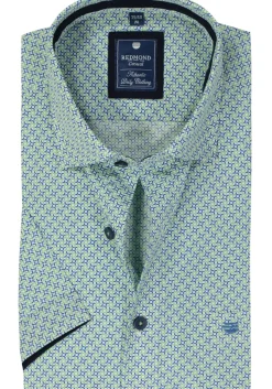 Redmond comfort fit overhemd, korte mouw, popeline, blauw met wit en groen dessin