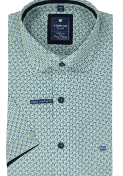 Redmond comfort fit overhemd, korte mouw, popeline, blauw met wit en groen dessin