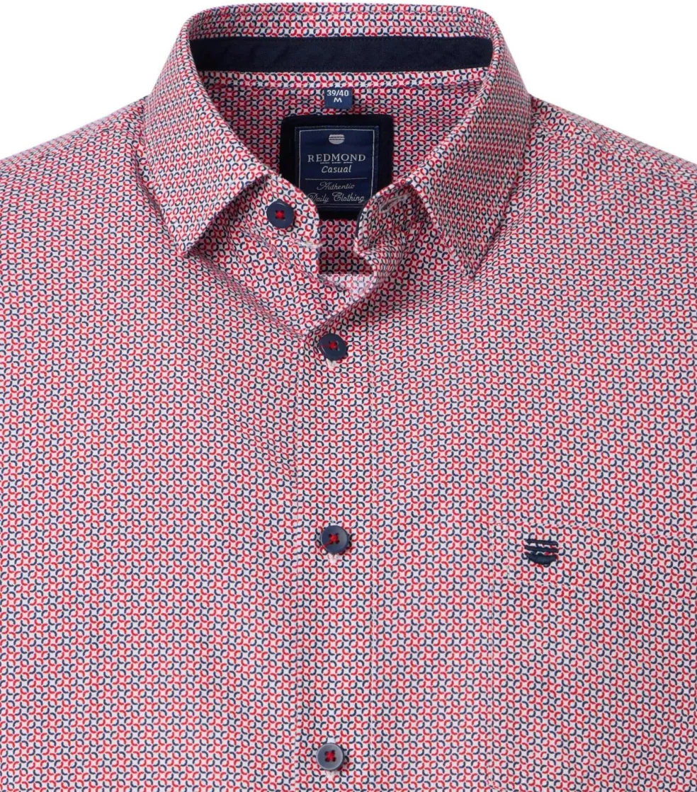 Redmond comfort fit overhemd, popeline, blauw met wit en rood dessin