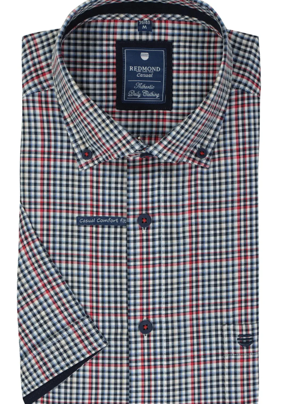 Redmond comfort fit overhemd, korte mouw, Oxford, blauw, wit en rood geruit