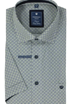 Redmond comfort fit overhemd, korte mouw, popeline, blauw met wit en beige dessin