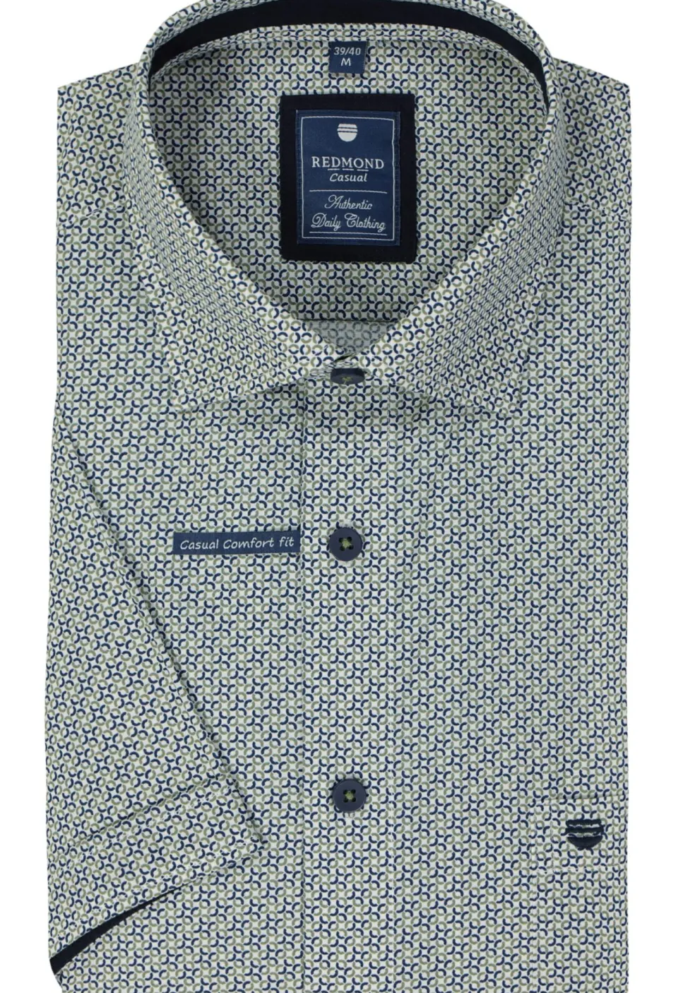 Redmond comfort fit overhemd, korte mouw, popeline, blauw met wit en beige dessin