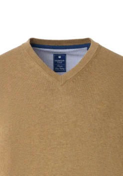 Redmond heren trui katoen, V-hals, beige (middeldik)