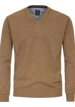 Redmond heren trui katoen, V-hals, camel (middeldik)