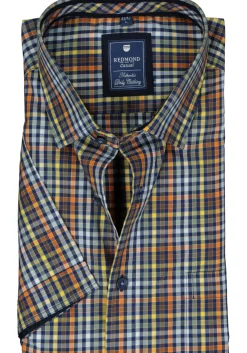 Redmond regular fit overhemd, korte mouw, popeline, bruin geruit