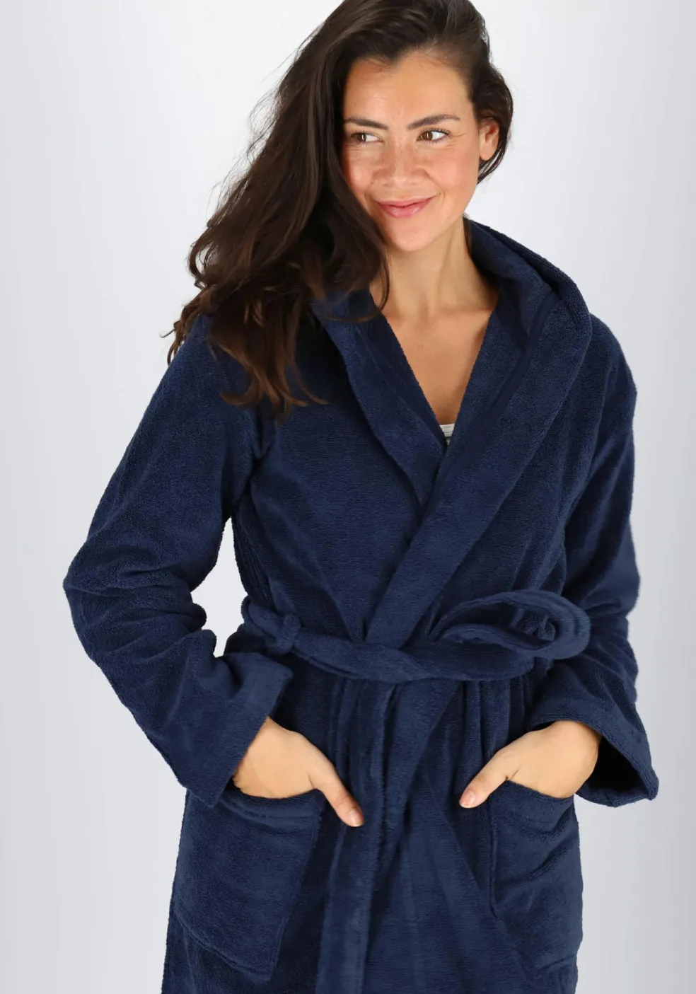 SCHIESSER dames badjas, dik badstof, capuchon, donkerblauw