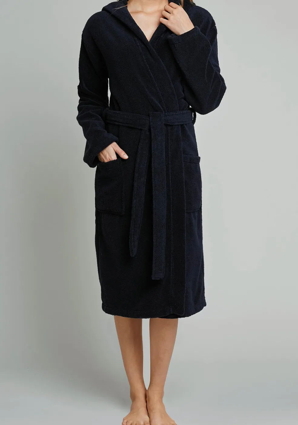 SCHIESSER dames badjas, dik badstof, capuchon, donkerblauw