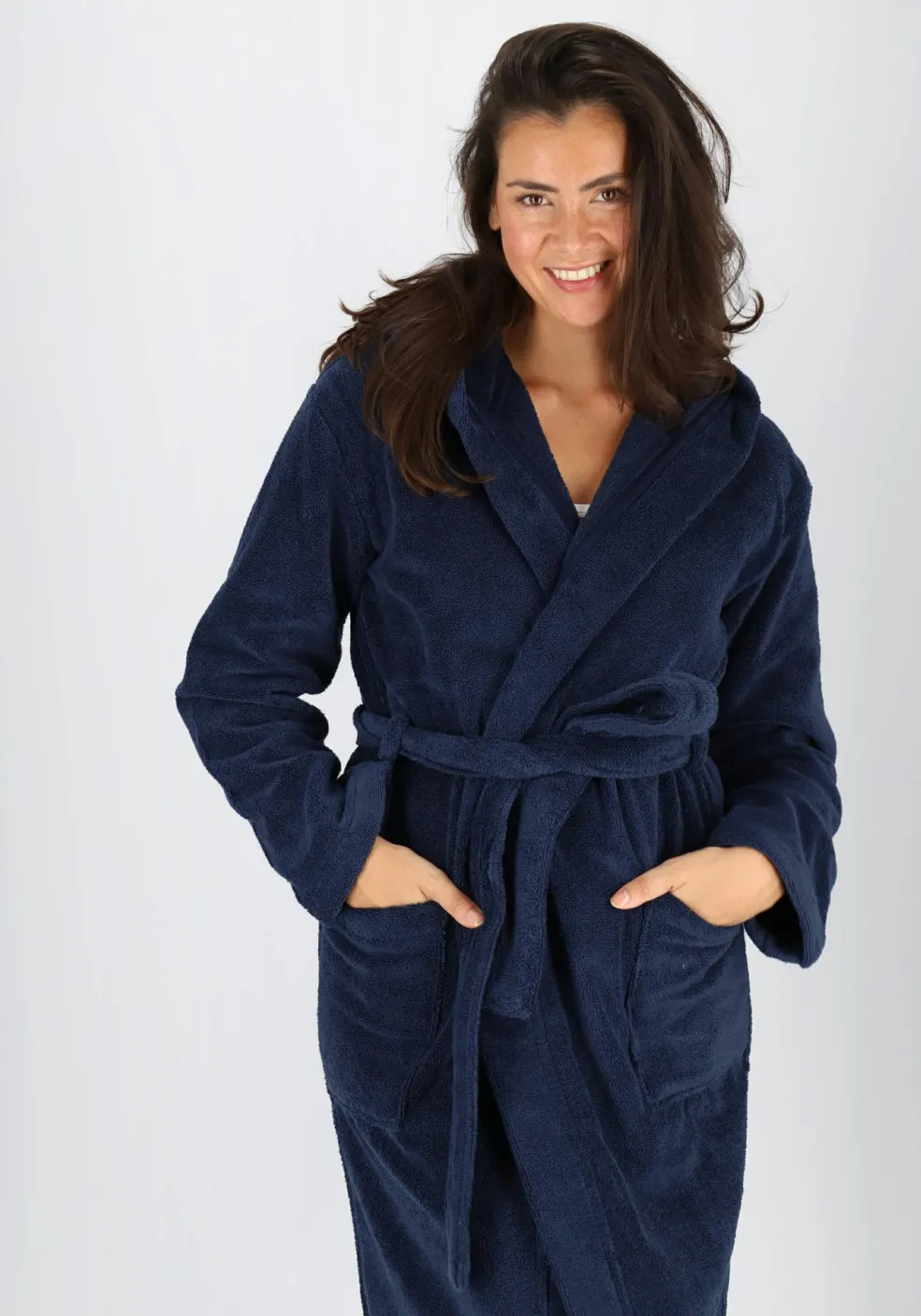 SCHIESSER dames badjas, dik badstof, capuchon, donkerblauw