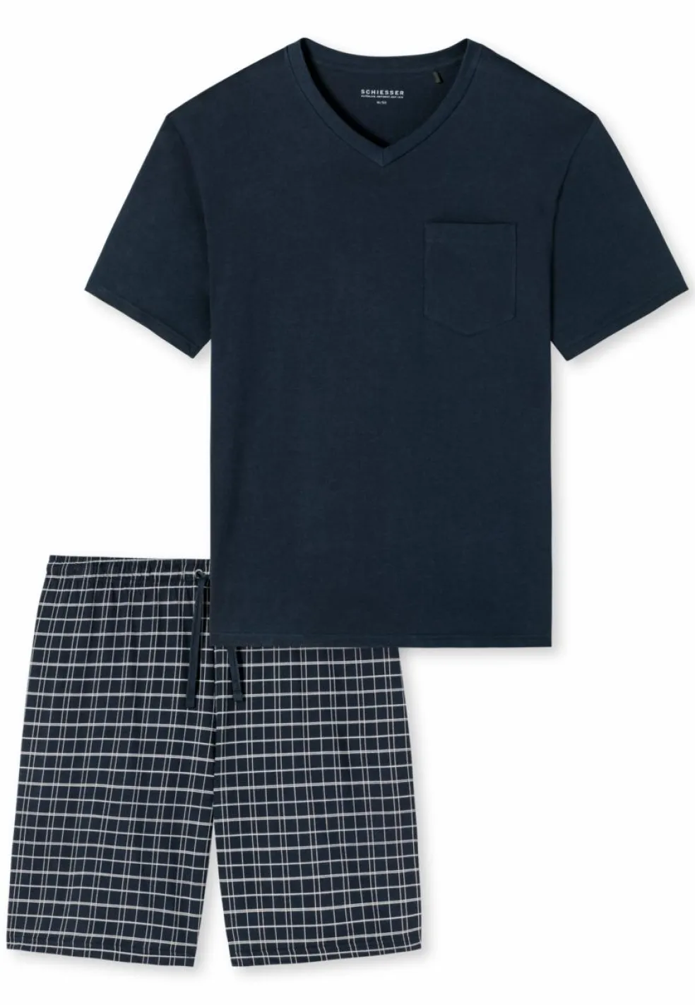SCHIESSER Ebony shortamaset, heren shortama jersey v-hals, blauw