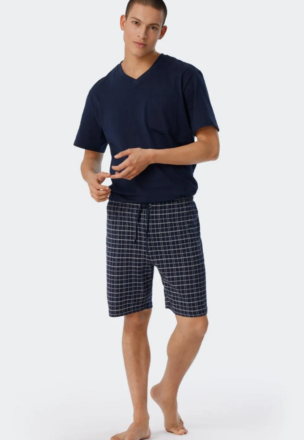 SCHIESSER Ebony shortamaset, heren shortama jersey v-hals, blauw