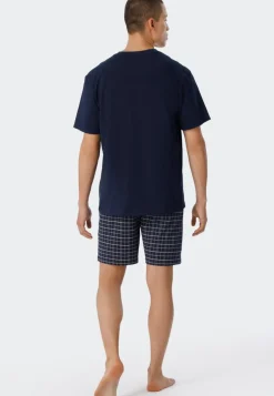 SCHIESSER Ebony shortamaset, heren shortama jersey v-hals, blauw