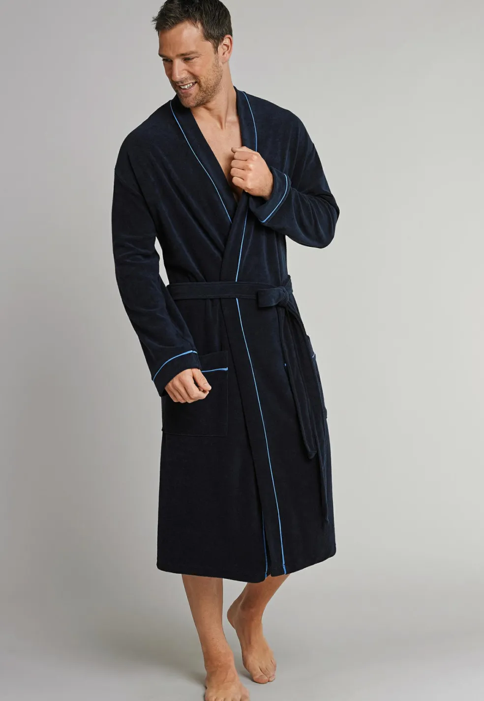 SCHIESSER heren badjas, badstof, blauw met contrastbies