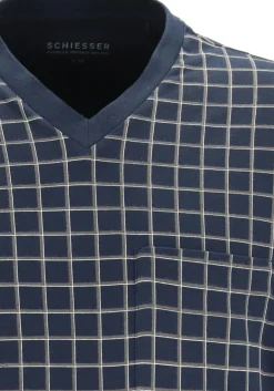 SCHIESSER heren pyjama, V-hals, blauw met wit geruit