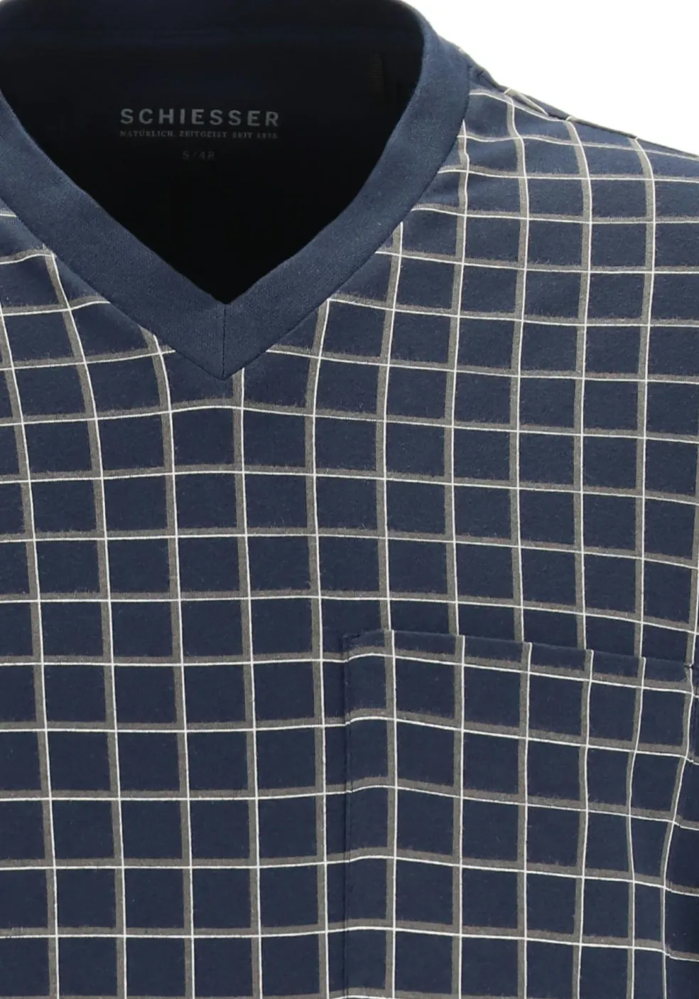 SCHIESSER heren pyjama, V-hals, blauw met wit geruit