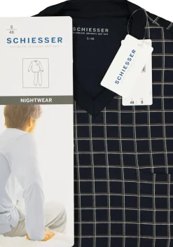 SCHIESSER heren pyjama, V-hals, blauw met wit geruit