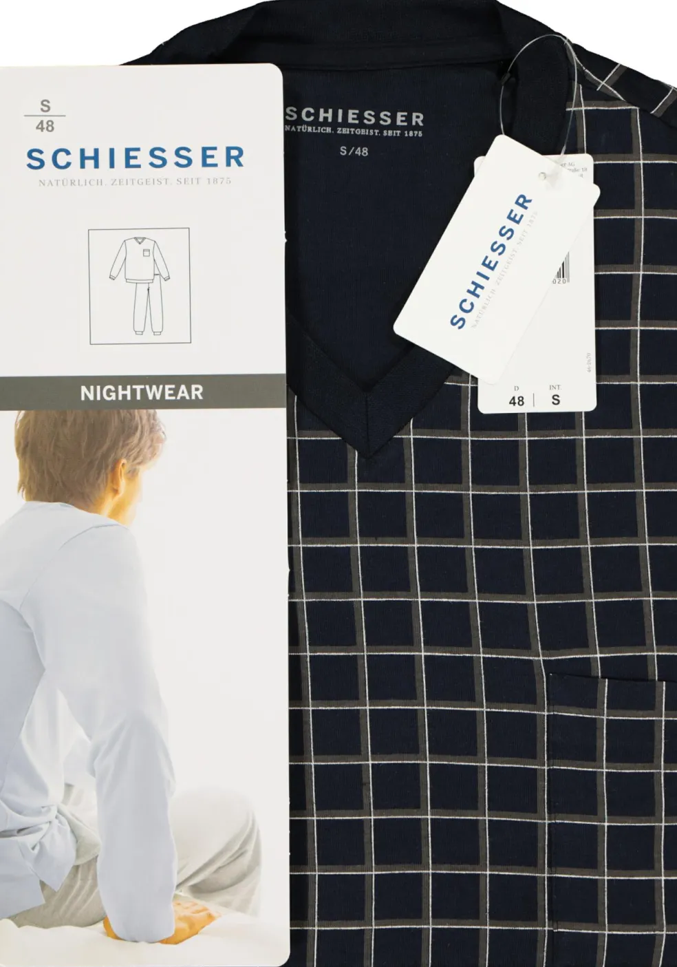 SCHIESSER heren pyjama, V-hals, blauw met wit geruit