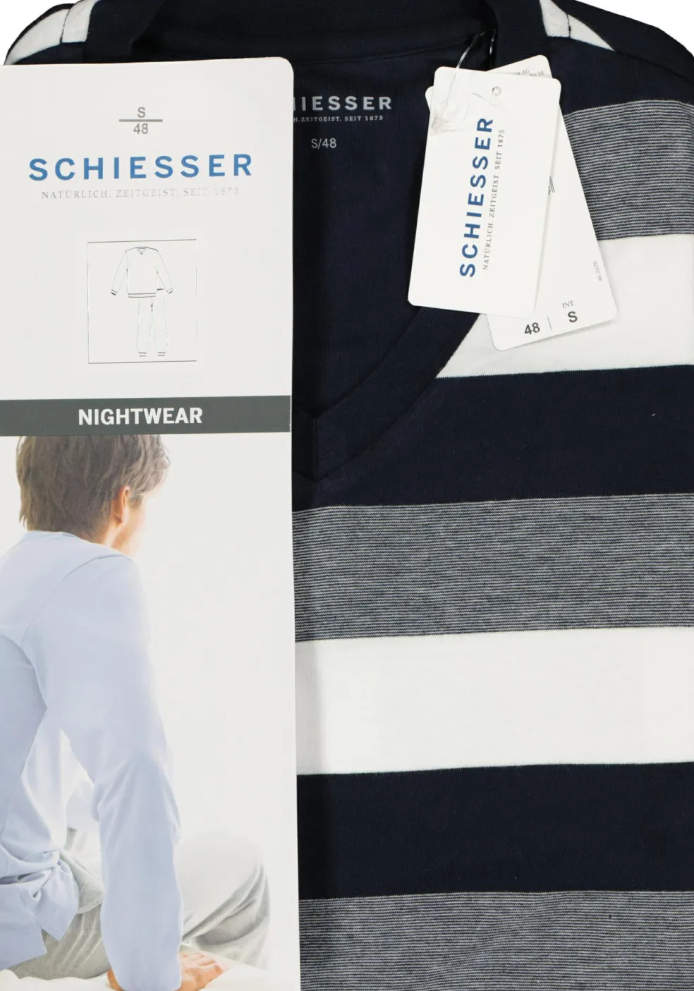 SCHIESSER heren pyjama, V-hals, blauw met wit en grijs gestreept