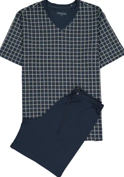 SCHIESSER heren shortama, V-hals, blauw met wit geruit
