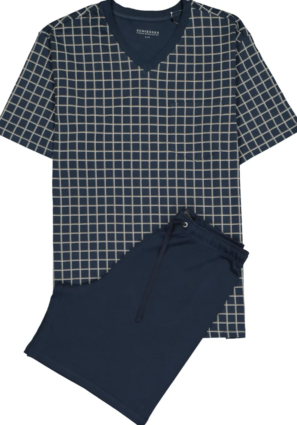 SCHIESSER heren shortama, V-hals, blauw met wit geruit