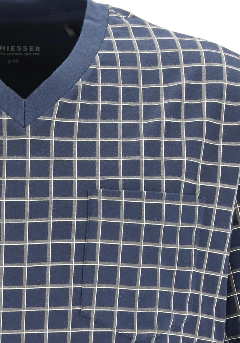 SCHIESSER heren shortama, V-hals, blauw met wit geruit